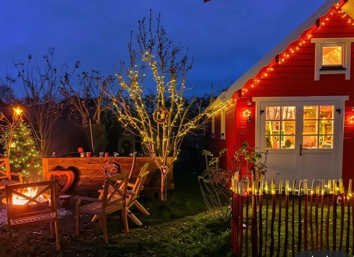 Das rote Schwedenhäuschen „Lille Lönneberga“ in der Dämmerung mit Lichterketten, geschmücktem Weihnachtsbaum und brennender Feuerschale